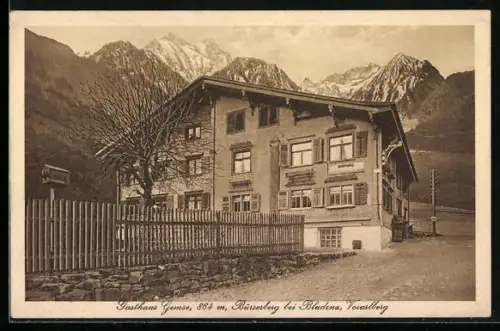 AK Bürserberg b. Bludenz, Gasthaus Gemse mit Bergpanorama