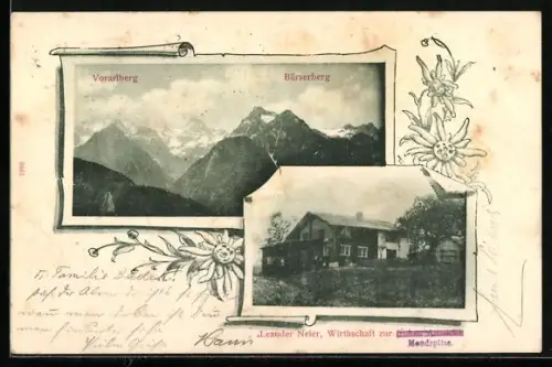 AK Tschengla /Vorarlberg, Gasthaus zur Mondspitze, Inh. Leander Neier, Blick zum Bürserberg