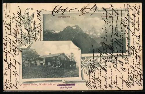 AK Tschengla /Vorarlberg, Gasthaus zur Mondspitze, Inh. Leander Neier, Panorama mit Bürserberg