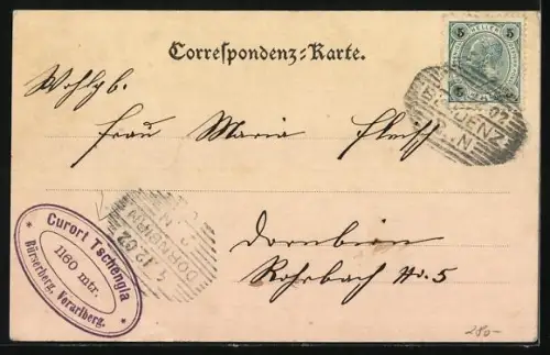 AK Tschengla /Vorarlberg, Gasthaus zur Mondspitze, Inh. Leander Neier, Panorama mit Bürserberg