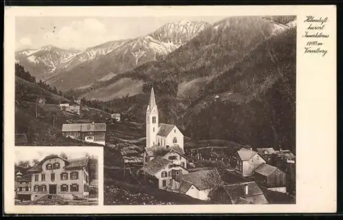 AK Innerlaterns /Vorarlberg, Gasthaus Besitzer Gebhard Vith, Blick auf die Kirche
