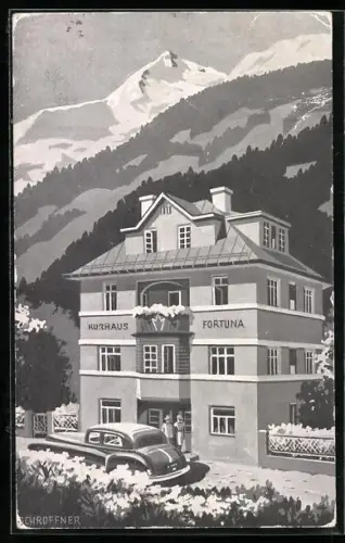 Künstler-AK Badgastein /Salzburg, Kurhaus Fortuna mit Auto