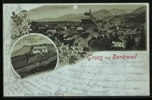 Mondschein-Lithographie Rankweil, Hoher Freschen mit Berghütte, Ortsansicht aus der Vogelschau