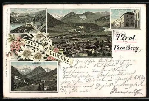 Lithographie Bludenz, Totalansicht, Douglasshütte & Lünersee, Brand und Gasthof zur Post