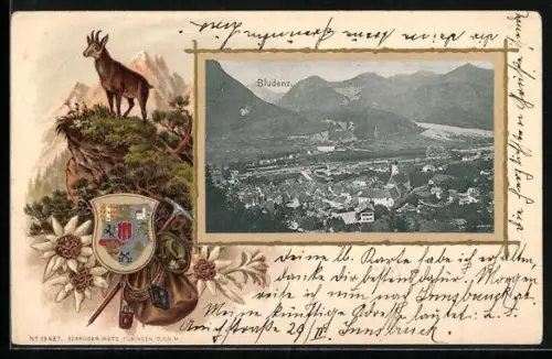 Passepartout-Lithographie Bludenz, Gesamtansicht, Wappen