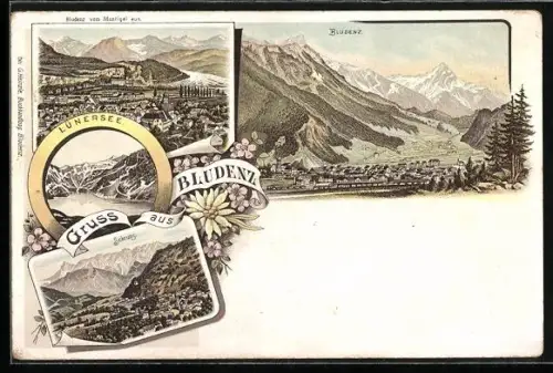 Lithographie Bludenz, Gesamtansicht, Lünersee, Schruns aus der Vogelschau