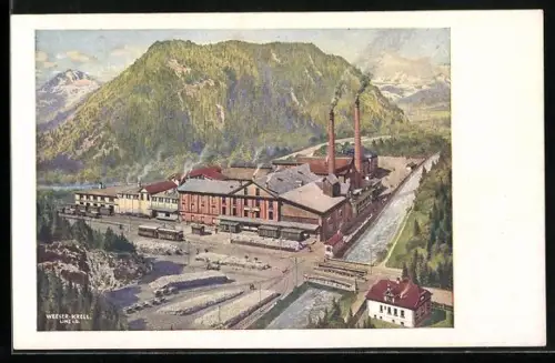 Künstler-AK Bludenz, Gesamtansicht der Voralberger Zementwerke Lorüns A.G. aus der Vogelschau