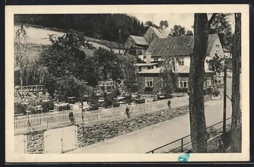 AK Marienberg /Sa., Ausflugslokal Schindelbachmühle K. Keinert mit Garten u. Strasse