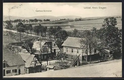 AK Lützel /Siegen, Gasthaus Schneider, Fachwerkhäuser, Landschaft