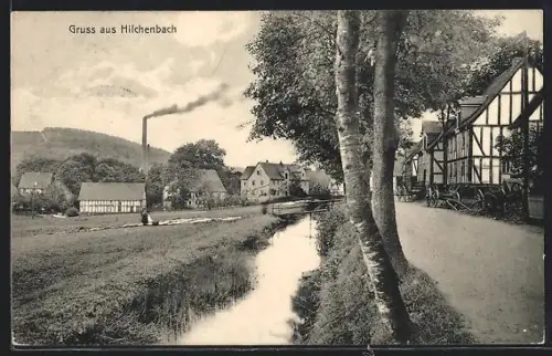 AK Hilchenbach, Fachwerkhäuser, Flusslauf, Fabrikschornstein