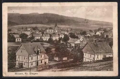 AK Müsen /Siegen, Ortsansicht mit Kirche und Fachwerkhäusern