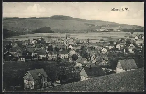 AK Müsen i. W., Ortsansicht mit Feldern aus der Vogelschau