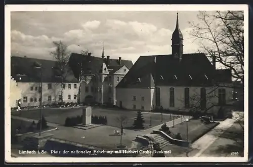 AK Limbach i. Sa., Platz der nationalen Erhebung, Herbert Grobe-Denkmal, Kirche