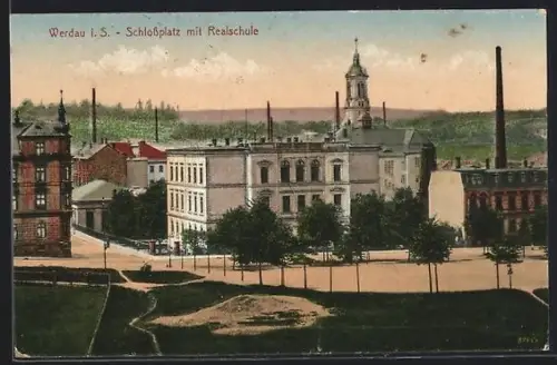 AK Werdau i. S., Schlossplatz mit Realschule aus der Vogelschau