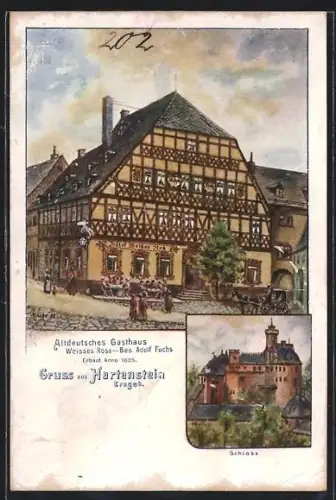 Künstler-AK Hartenstein /Erzgeb., Altdeutsches Gasthaus Weisses Ross Inh. Adolf Fuchs, Schloss