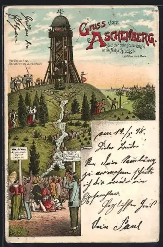 Lithographie Aschenberg, Aussichtsturm, Ausflugsziel, Spaziergänger