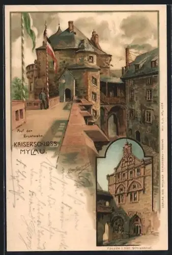 Lithographie Mylau, Kaiserschloss, Auf der Brustwehr, Fassade im hint. Schlosshof