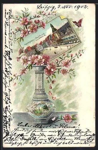 Lithographie Leipzig, Marktplatz u. Rathaus, Vase mit blühenden Zweigen