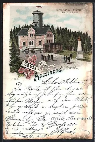 Lithographie Adelsberg /Chemnitz, Restaurant am Adelsberg mit Denkmal