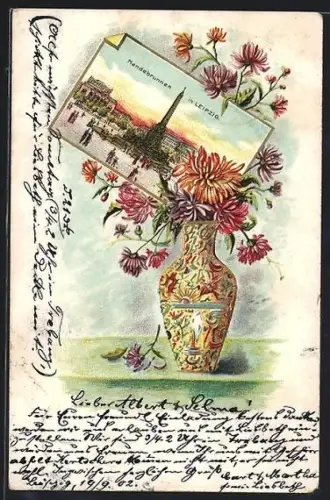 Lithographie Leipzig, Mendebrunnen, Verzierte Blumenvase