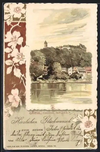 Präge-Lithographie Greiz, Oberes Schloss, Blumen