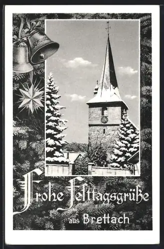 AK Brettach /Heilbronn, Verschneiter Kirchturm, Glocken, Stern, Tanne, Weihnachtsgruss