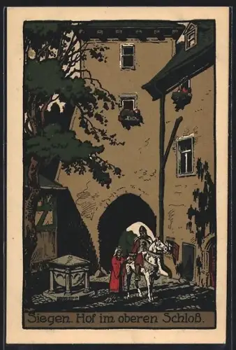 Steindruck-AK Siegen, Hof im oberen Schloss, Ritter u. Burgfräulein