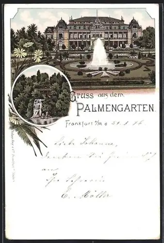 Lithographie Frankfurt-Westend, Palmengarten, Gesellschaftshaus, Springbrunnen, Wasserfall