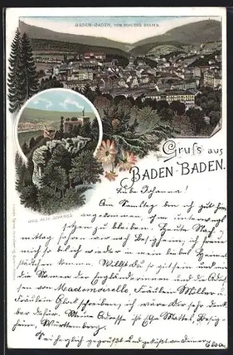 Lithographie Baden-Baden, Gesamtansicht von Schloss Solms, Altes Schloss