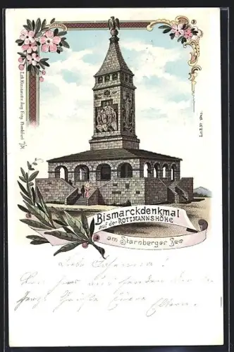 Lithographie Rottmannshöhe /Starnberger See, Bismarckdenkmal auf der Rottmannshöhe