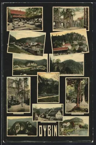 AK Oybin, Gesellschaftsplatz m. Gasthaus, Kirchruine, Strasse m. Scharfenstein