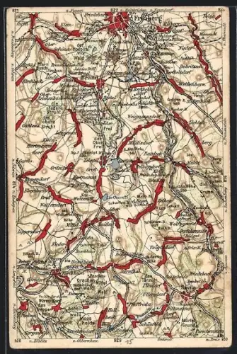 Lithographie Bautzen, Umgebungskarte mit Ortschaften und Verkehrswegen, Wona-Verlag