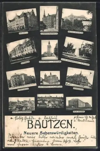 AK Bautzen, Reichsbankgebäude, Königliches Gymnasium, Alte Kaserne mit Pulverturm