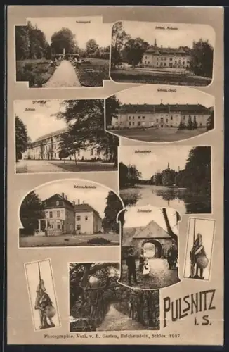 AK Pulsnitz i. S., Schloss, Schlosspark, Schlosstor, Ritterfiguren