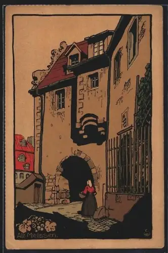 Steindruck-AK Meissen, Alte Burgstrasse, Torbau um 1522