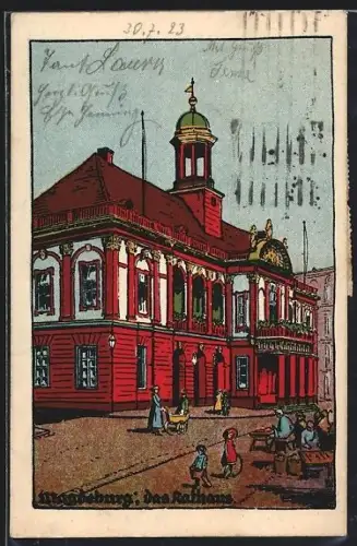 Steindruck-AK Langenburg, Das Rathaus, mit Marktständen