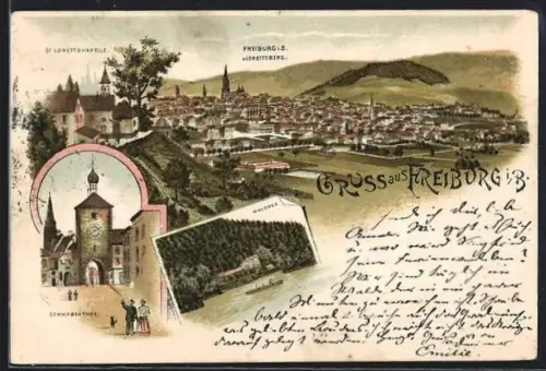 Lithographie Freiburg i. B., Stadtansicht vom Lorettoberg, Kapelle, Schwabentor, Waldsee