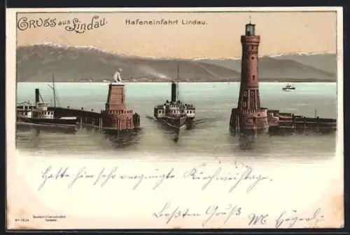 Lithographie Lindau / Bodensee, Hafeneinfahrt, Leuchtturm, Bayerischer Löwe
