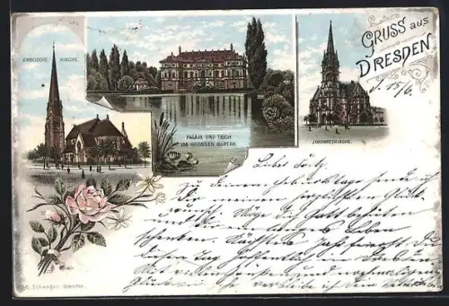 Lithographie Dresden, Johanneskirche, Palais und Teich im Grossen Garten, Englische Kirche