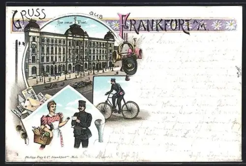 Lithographie Frankfurt /Main, Ansicht der neuen Post, Briefträger auf seinem Fahrrad