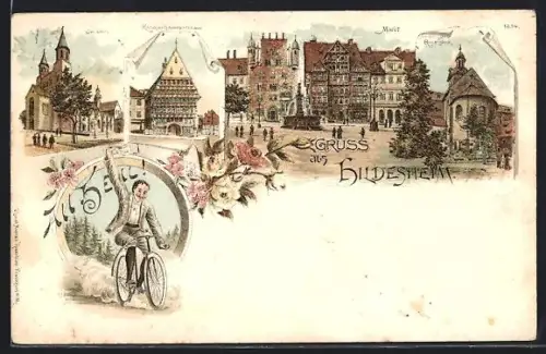 Lithographie Hildesheim, Dom, Knochenhaueramtshaus, Markt