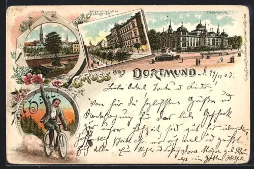 Lithographie Dortmund, Fredenbaum mit Pferdebahn, Vehmlinde, Kaiserstrasse mit Königlichem Landgericht