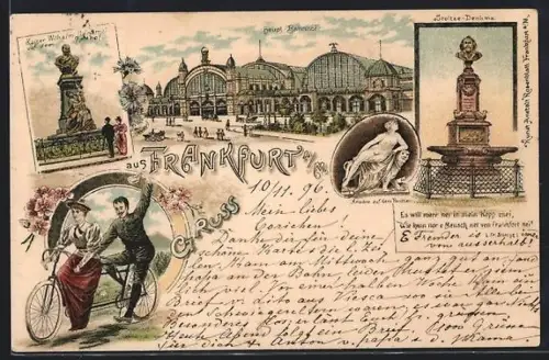 Lithographie Frankfurt a. M., Haupt-Bahnhof, Stoltze-Denkmal, Ariadne auf dem Panther