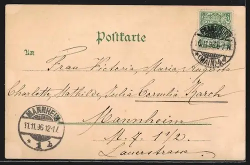 Lithographie Frankfurt a. M., Haupt-Bahnhof, Stoltze-Denkmal, Ariadne auf dem Panther