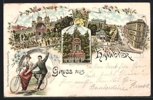 Lithographie Hannover, Tivoli, Georgstrasse, Kriegerdenkmal, Tandem-Paar