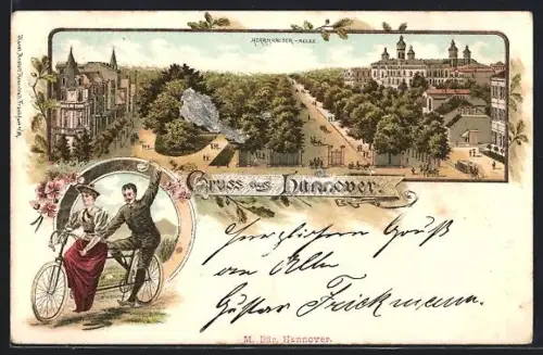 Lithographie Hannover, Herrnhäuser-Allee, Paar auf Tandem