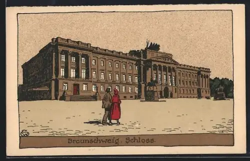 Steindruck-AK Braunschweig, Spaziergänger am Schloss