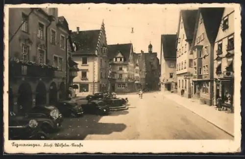 AK Sigmaringen, Café Seelos und Autos in der Fürst-Wilhelm-Strasse