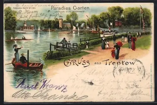 Lithographie Berlin-Treptow, Dampfer und Ruderboote auf der Spree, Spaziergänger