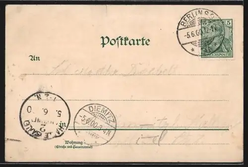 Lithographie Berlin-Treptow, Dampfer und Ruderboote auf der Spree, Spaziergänger